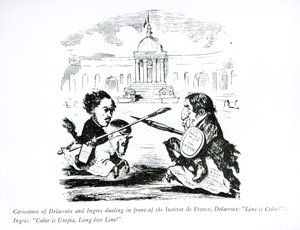 Caricature of Delacroix and Ingres Duelling in Front of the Institut de France by French School